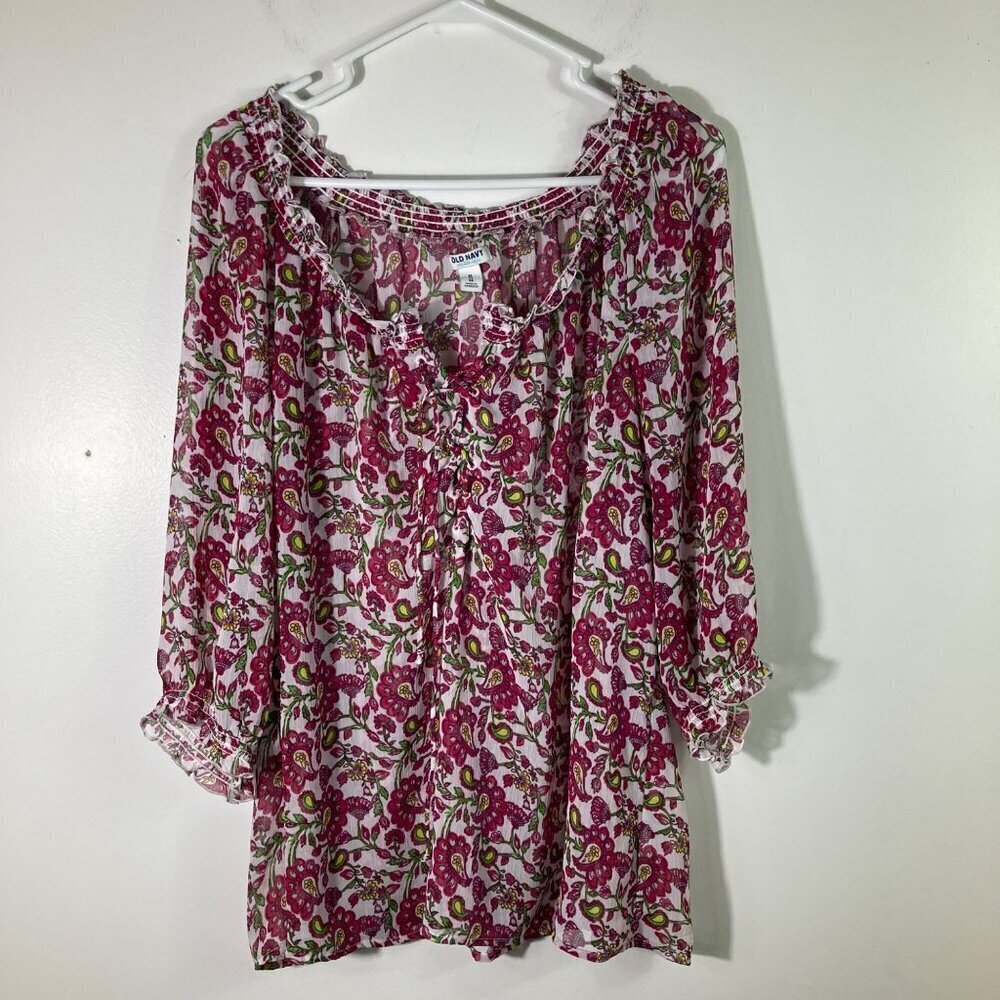 Womens Old Navy 3/4 Sleeve Sheer Floral Tunic Top Pink White XL